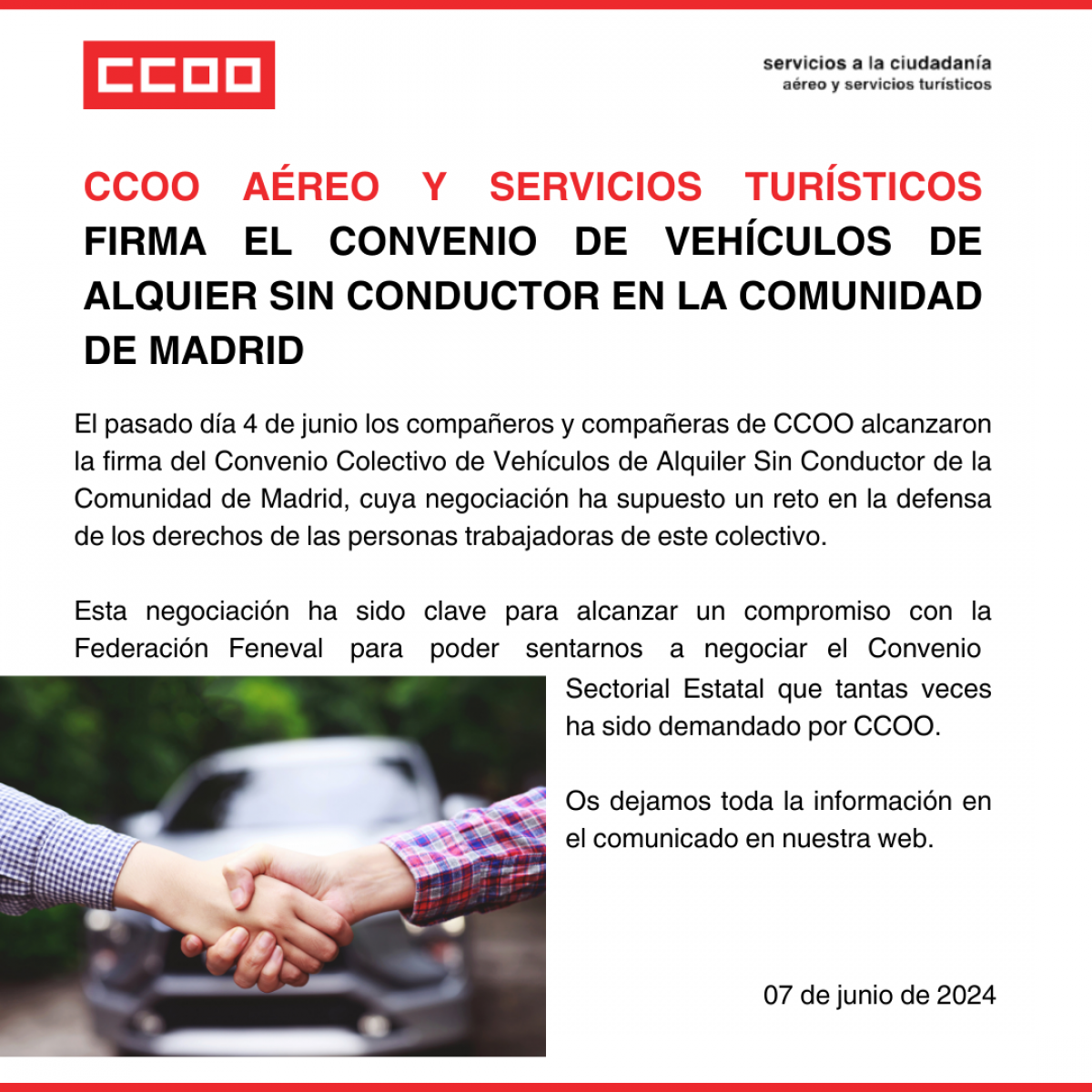 CCOO firma el Convenio Colectivo de Vehculos de Alquiler Sin Conductor