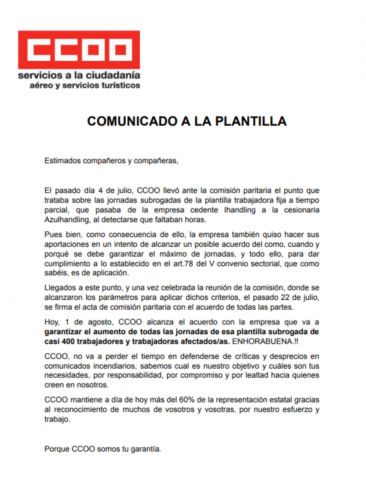 Comunicado CCOO Azul Handling