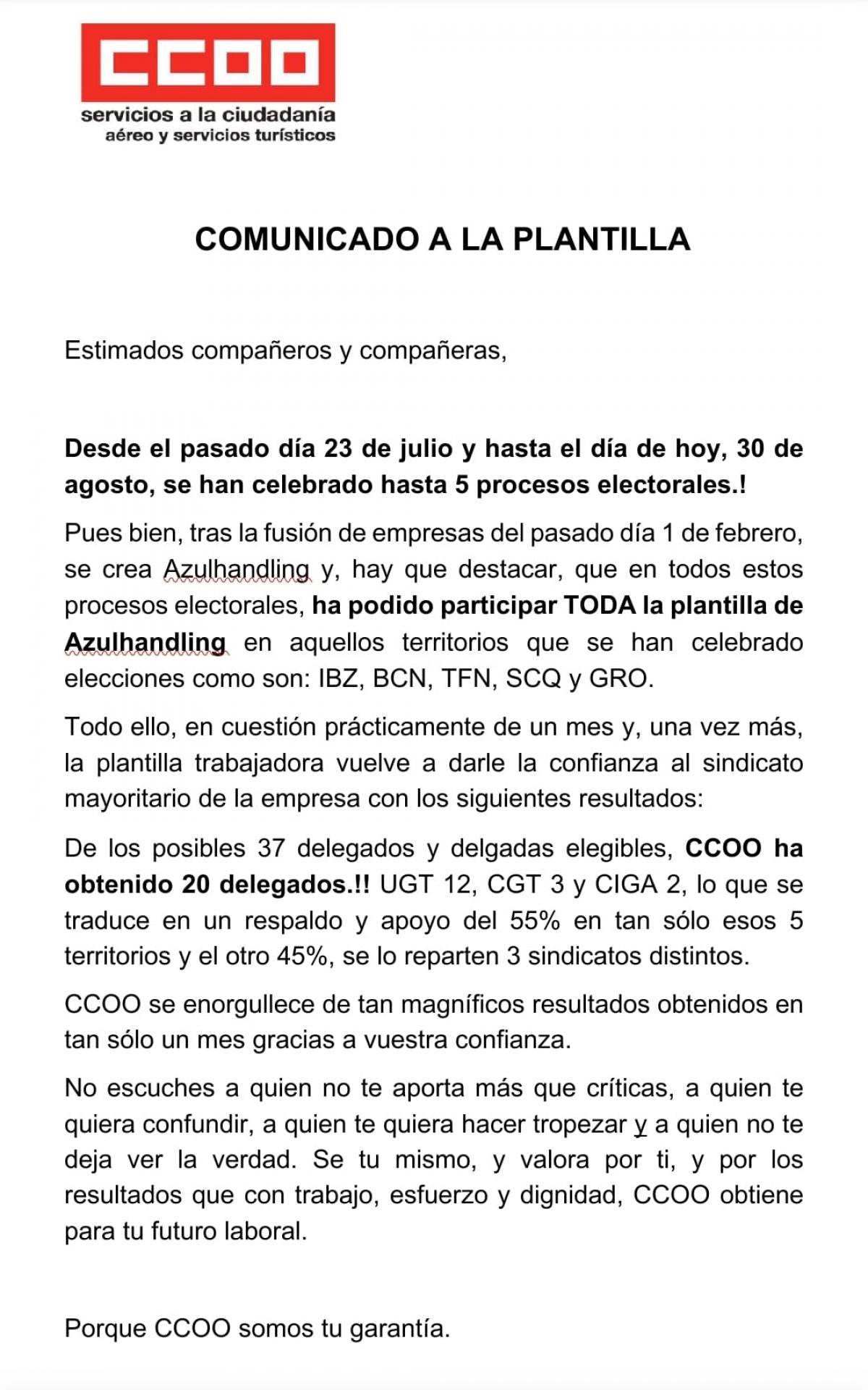 Comunicado emitido a la plantilla de AZULHANDLING por parte de CCOO