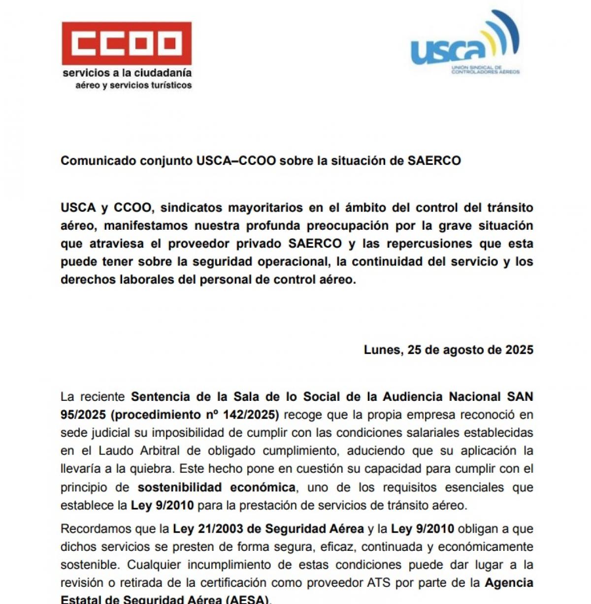 Comunicado USCA CCOO